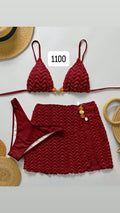 Burgundy Textured Bikini and Skirt Set