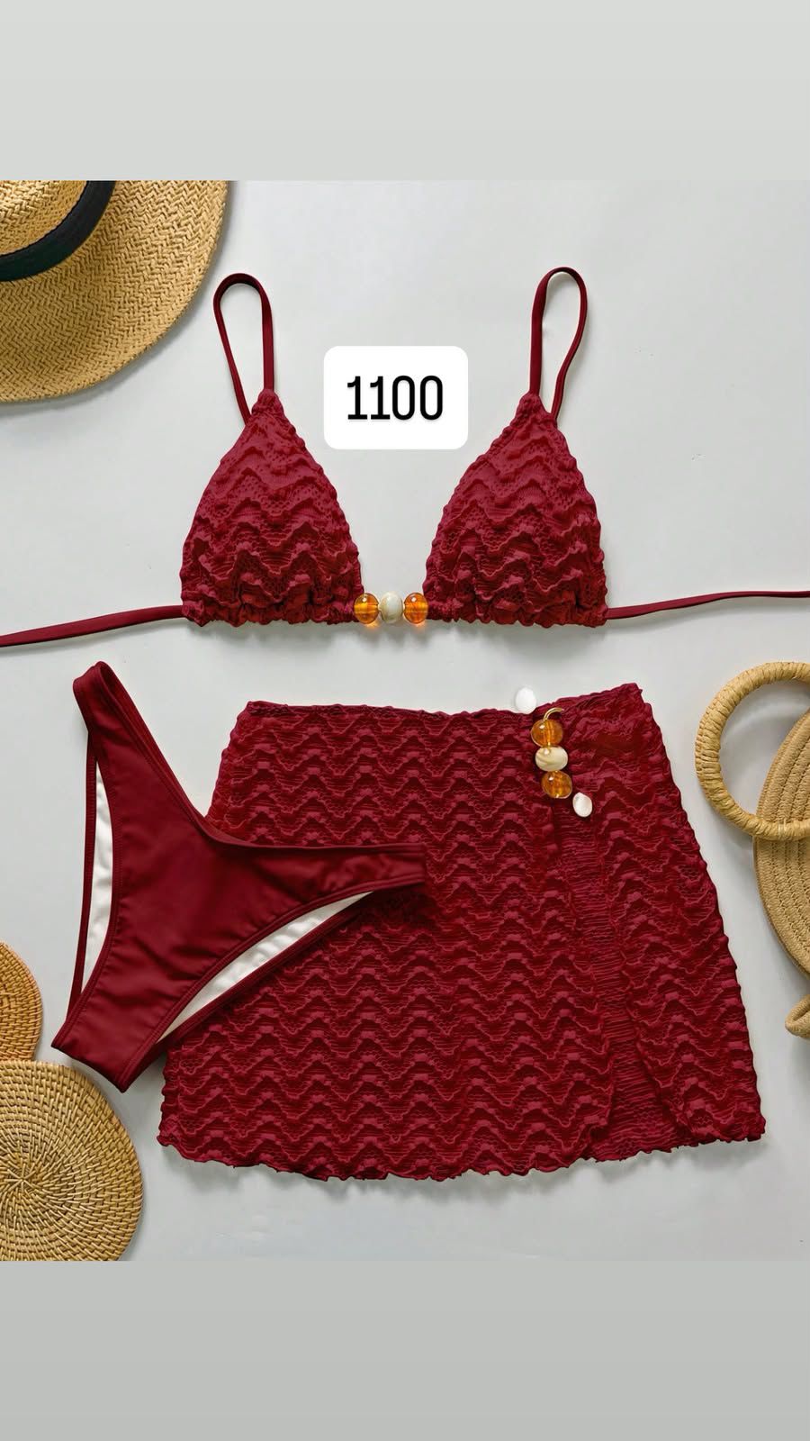 Burgundy Textured Bikini and Skirt Set